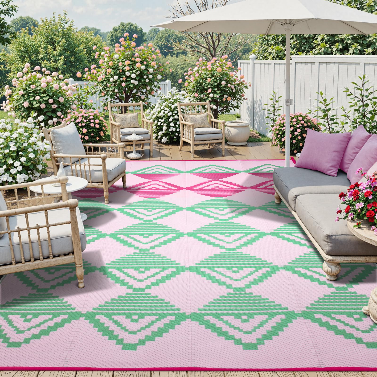 Beeiva Checkered Outdoor Patio Rug Waterproof 9x12, Reversible Plastic Straw Mat for Camping, Modern Geometric Large Foldable Outdoor Rugs for Porch,