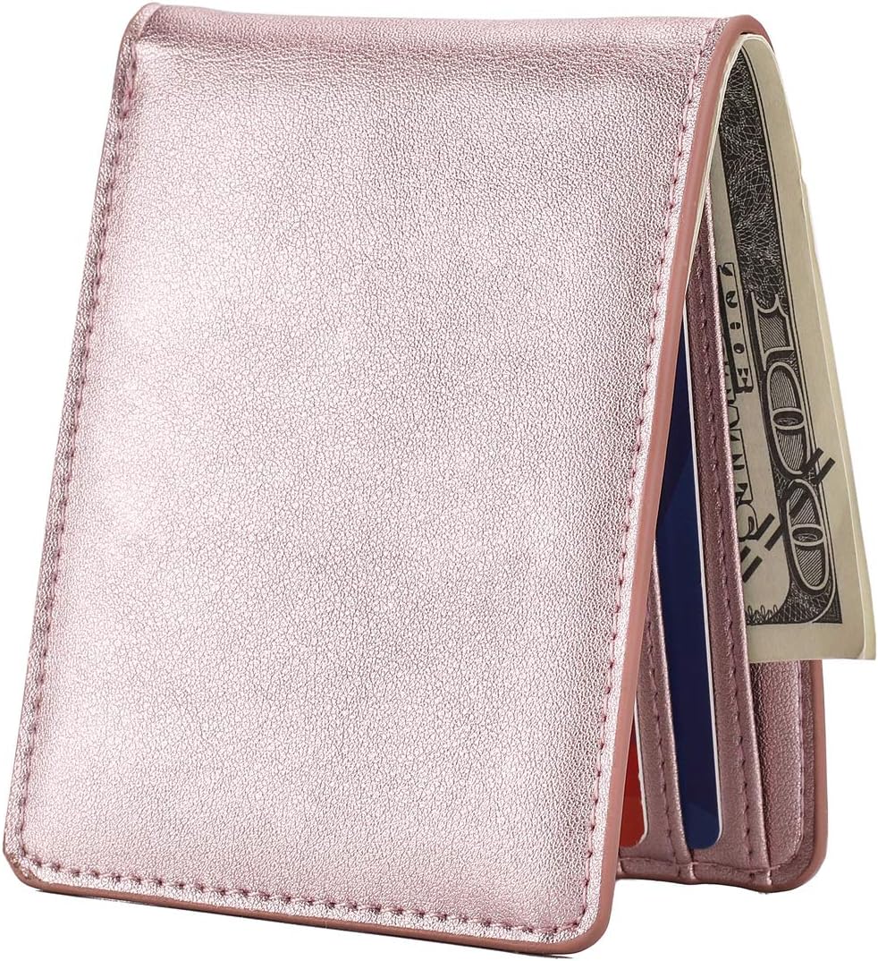 HISSIMOMens Slim Front Pocket Wallet ID Window Card Case with RFID Blocking - Rose Gold