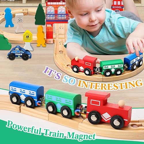 Miniatura 3 de Junkin Juego de trenes de madera para niños pequeños, 36 piezas de trenes y trenes de madera, juego de trenes magnéticos de construcción para niños