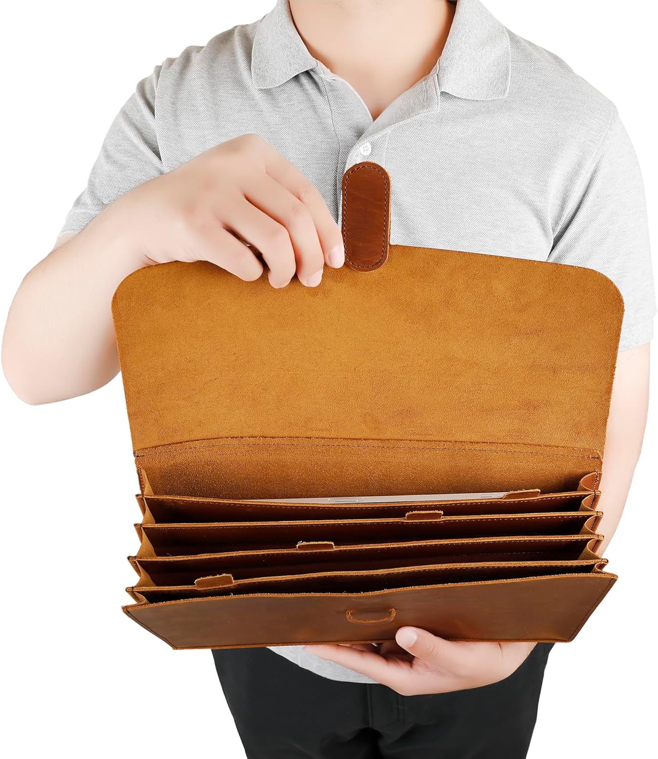 Genuine Leather File Folder, Accordian File Organizer, Leather Document Holder Resume Folio for Men & Women - Brown