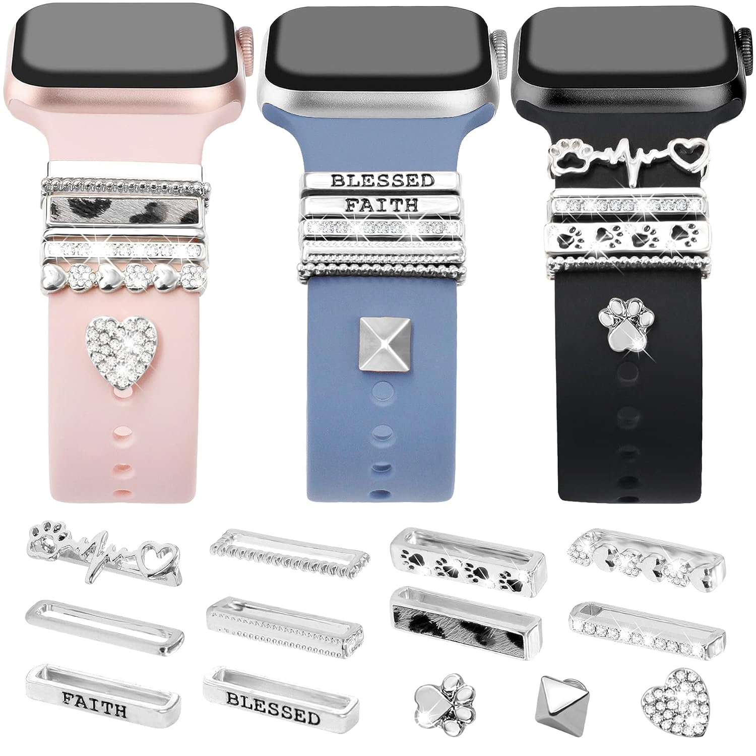 JR DM 13 Pieces Sliver Watch Band Charms with 10-Pcs Decorative Rings Loops 3-Pcs Decoration Compatible with Apple