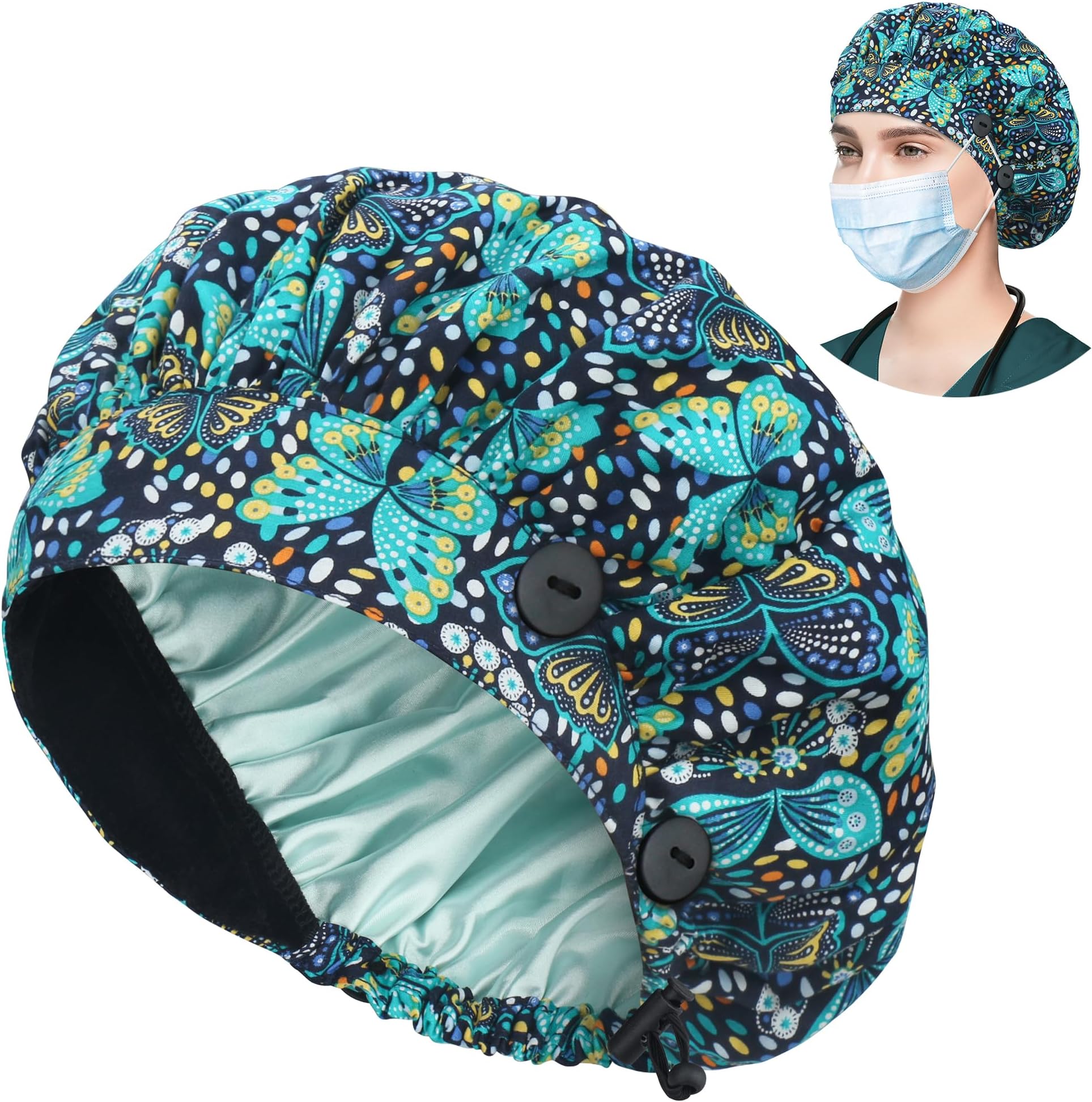 ABAMERICA Bouffant Caps with Button and Sweatband, Adjustable Scrub Caps for Women Men, One Size Multi Color
