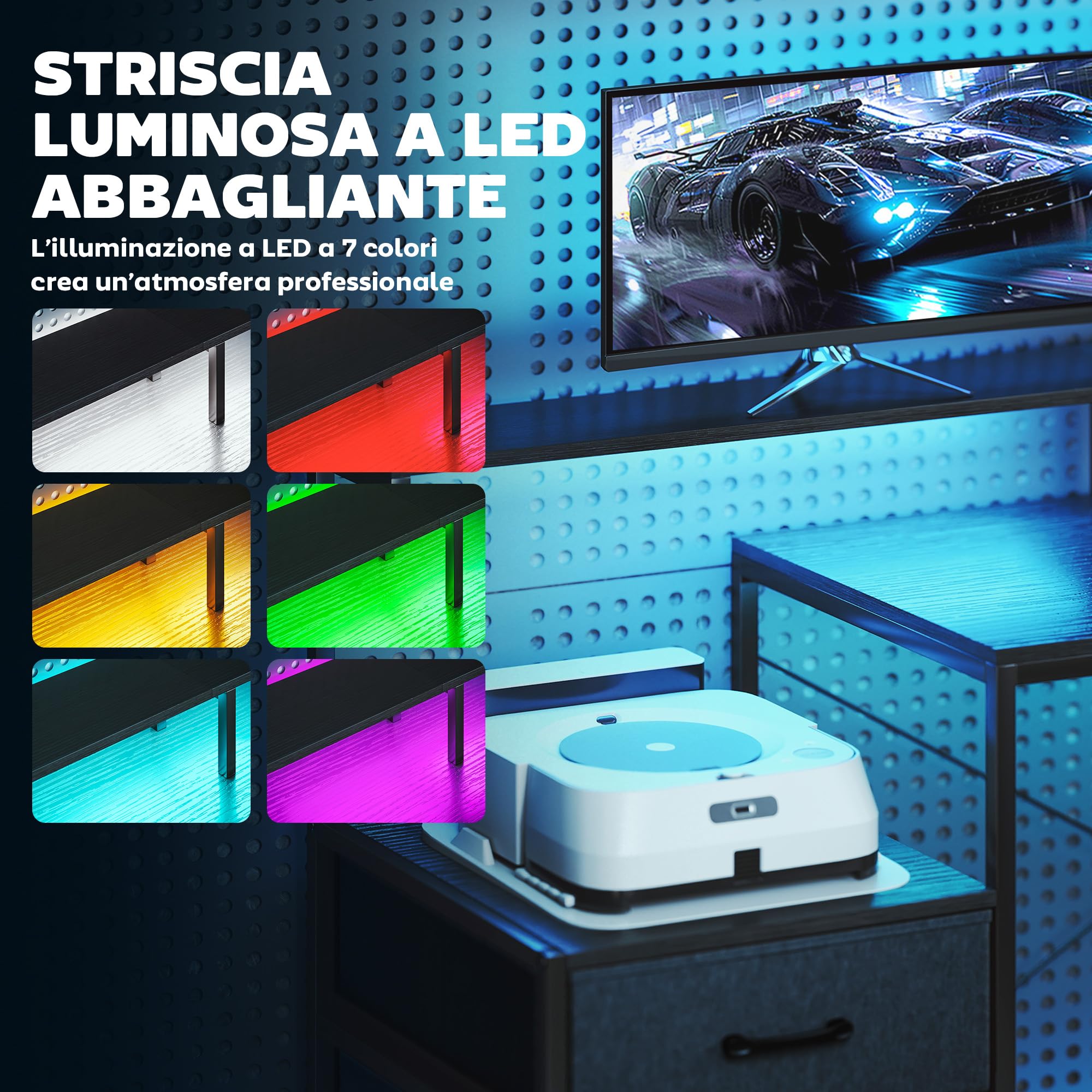 HOMCOM Scrivania Gaming ad L con Multipresa, Luci LED, 165x80 cm Scrivania PC con 2 Cassetti in Tessuto, 2 Scaffali Aperti, Tavolino Laterale e 2 Supporti per Monitor, in Truciolato e Acciaio, Nero