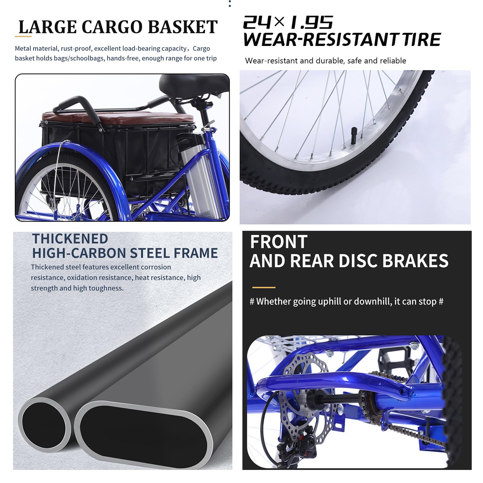 Triciclo elettrico per adulti da 24", triciclo tandem con seggiolino per bambini e cestino portaoggetti, freno sensibile, facile da affrontare in salita, portata massima 136 kg (300 libbre)