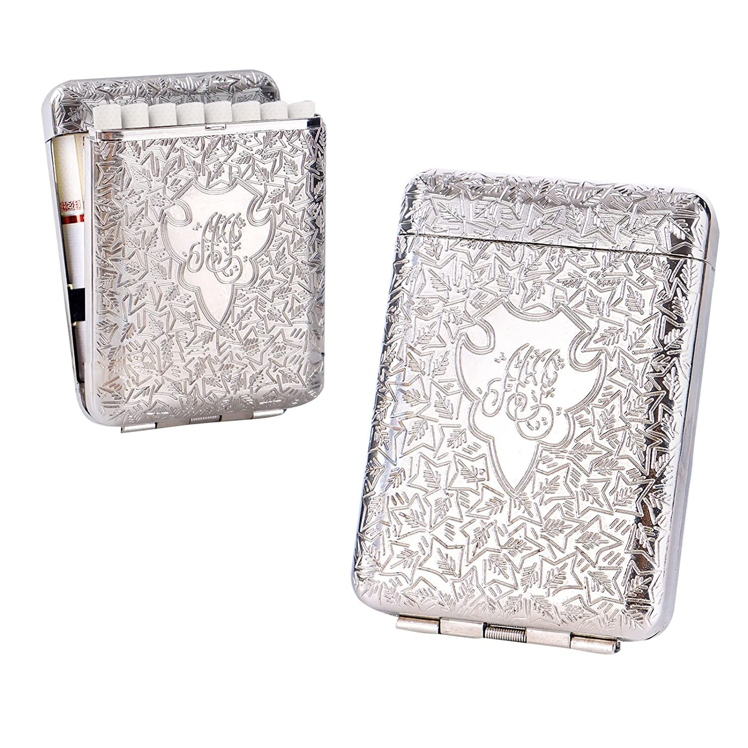 Portasigarette in Metallo Premium con Incisione - Motivi Eleganti Robusto & Durevole - Capacità 16 Sigarette Standard - Design Unisex Uomo/Donna Argento