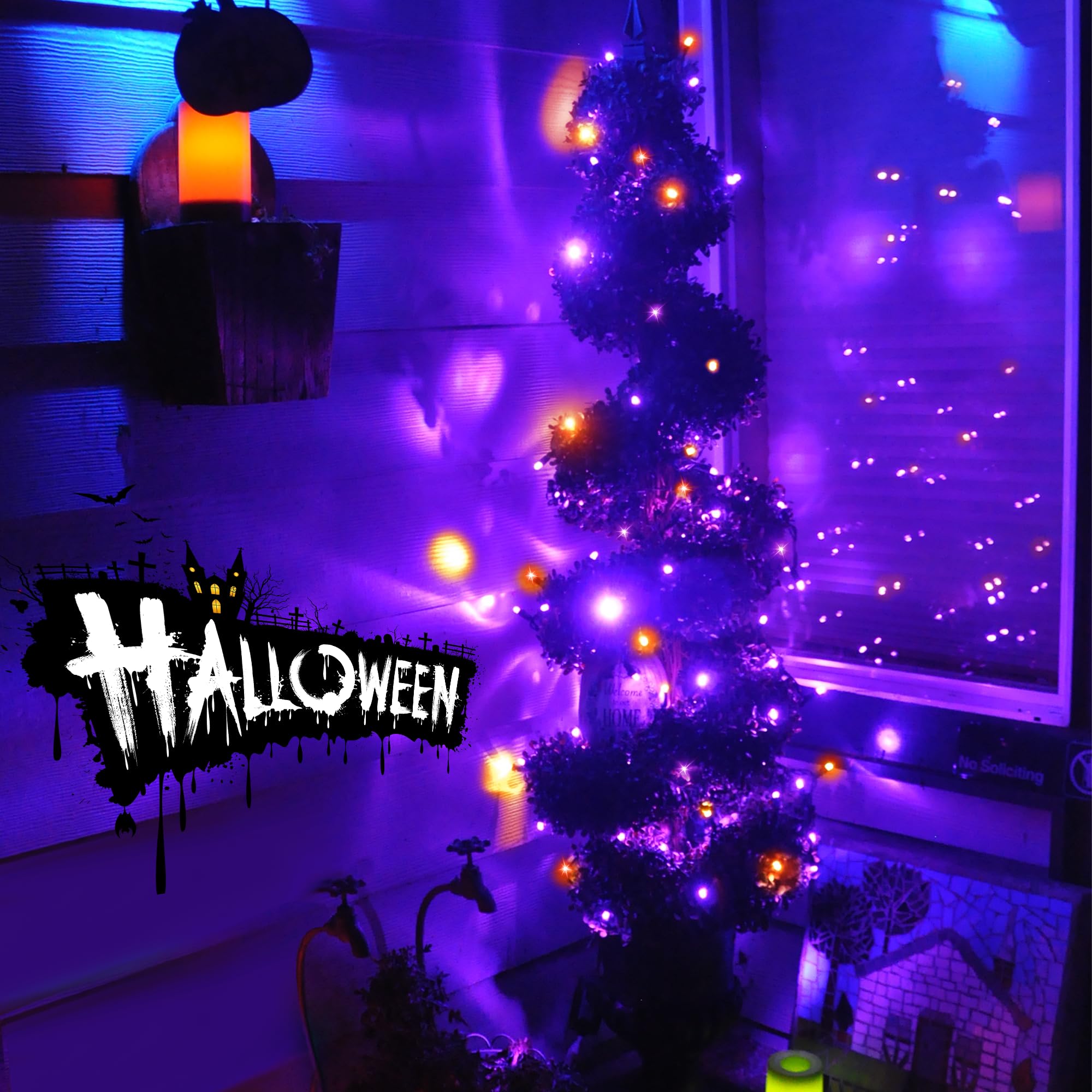 Flechllary - Confezione da 400 luci solari per Halloween, 400 LED, arancioni e viola, luci solari per esterni, con 8 modalità, impermeabili, per patio, giardino, feste, cortile, decorazione