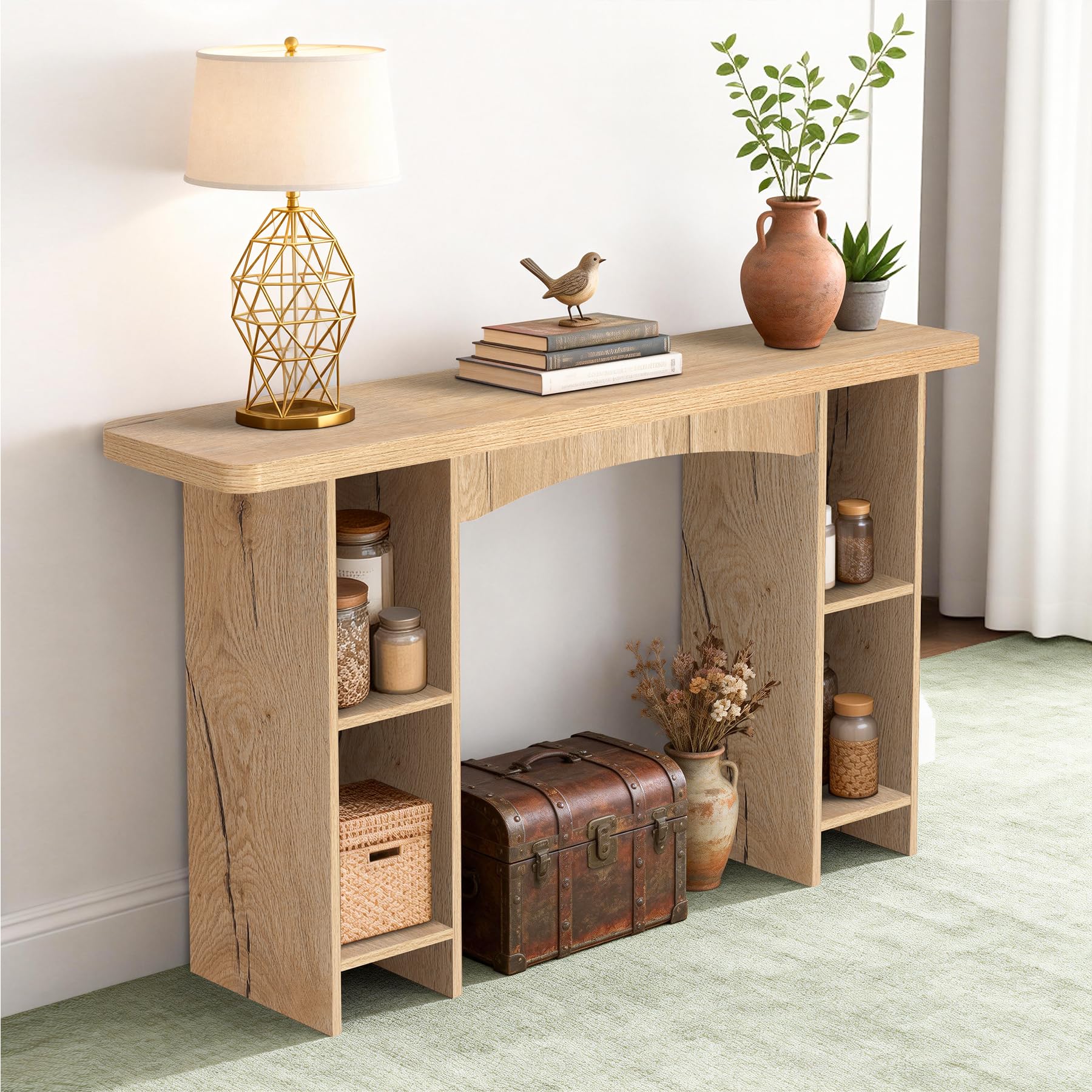 Sonharlar 55 Inch Entryway Table Single-Shelf Cabinet, 1.6 Inch Thick Desktop Wooden Console Table with Socket Farmhouse Sofa Table for Entrance, Hallway, Living Room,Behind Couch(Natural Brown)