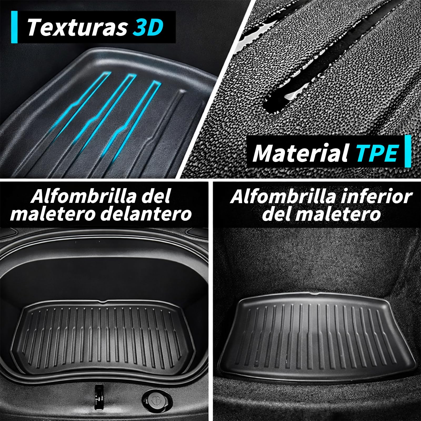Juego de Alfombrillas 6 Piezas para Tesla Model 3 (2024-2025) - Tapetes de TPE Impermeables y Antideslizantes, Incluye Protector de Maletero y Frunk, Protección Todo Clima (Model 3)
