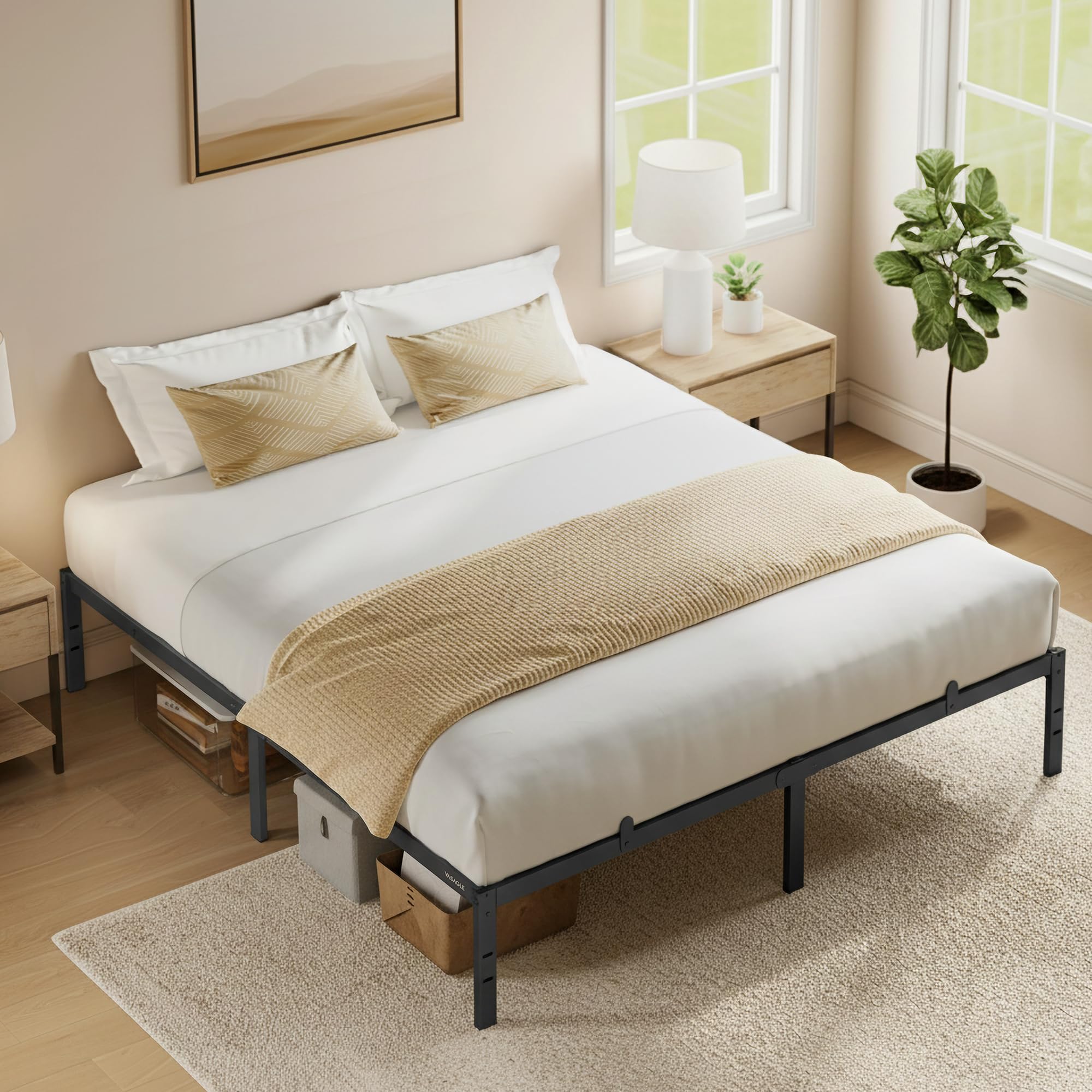 VASAGLE Doppelbettgestell, Bett, 180 x 200 cm, Metallbett, Bettrahmen, Unterbettaufbewahrung, modern, Gästebett, einfacher Aufbau, tintenschwarz RMB030BD01