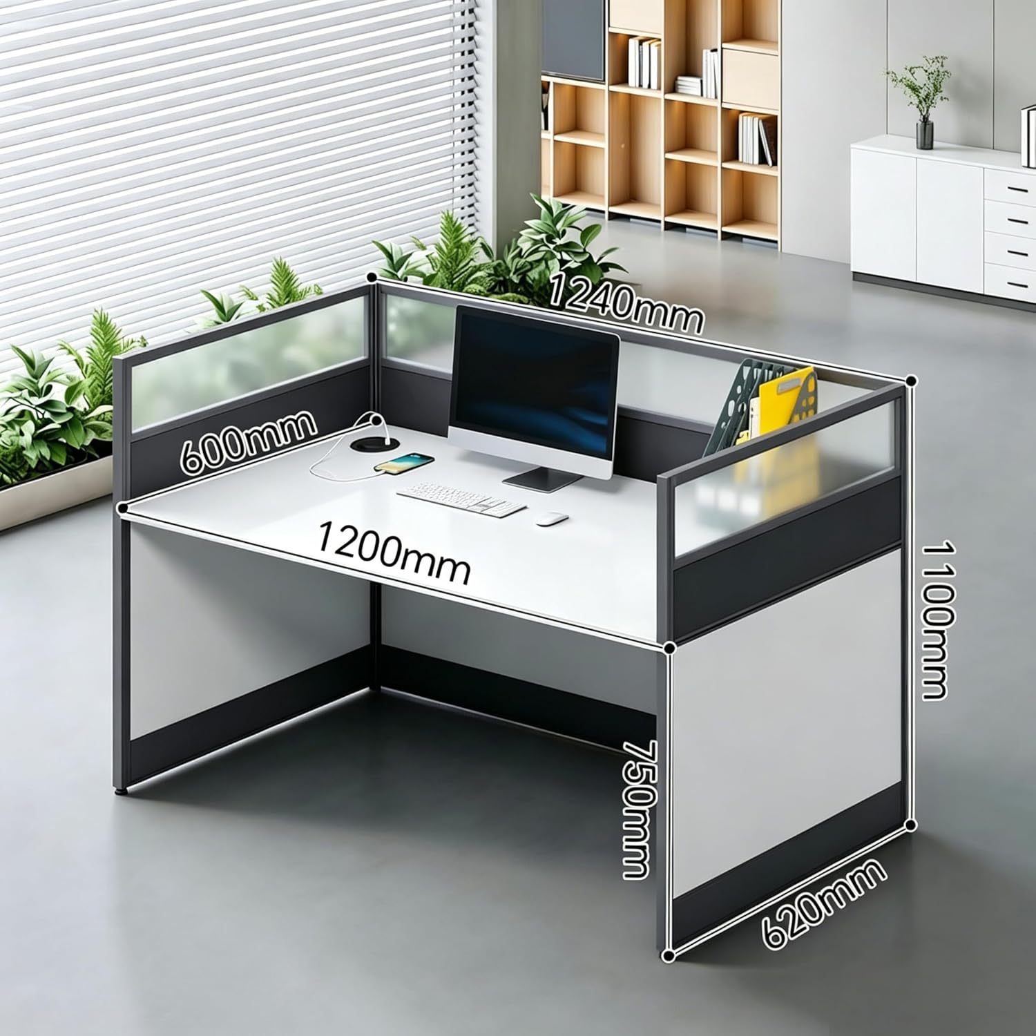 Modular Office Workstation Desk with Frosted Acrylic Privacy Panel, Computer Desk with USB Charging Port & Cable Management, Spacious Work Desk for Home Office & Team Workspace (A, 1P)