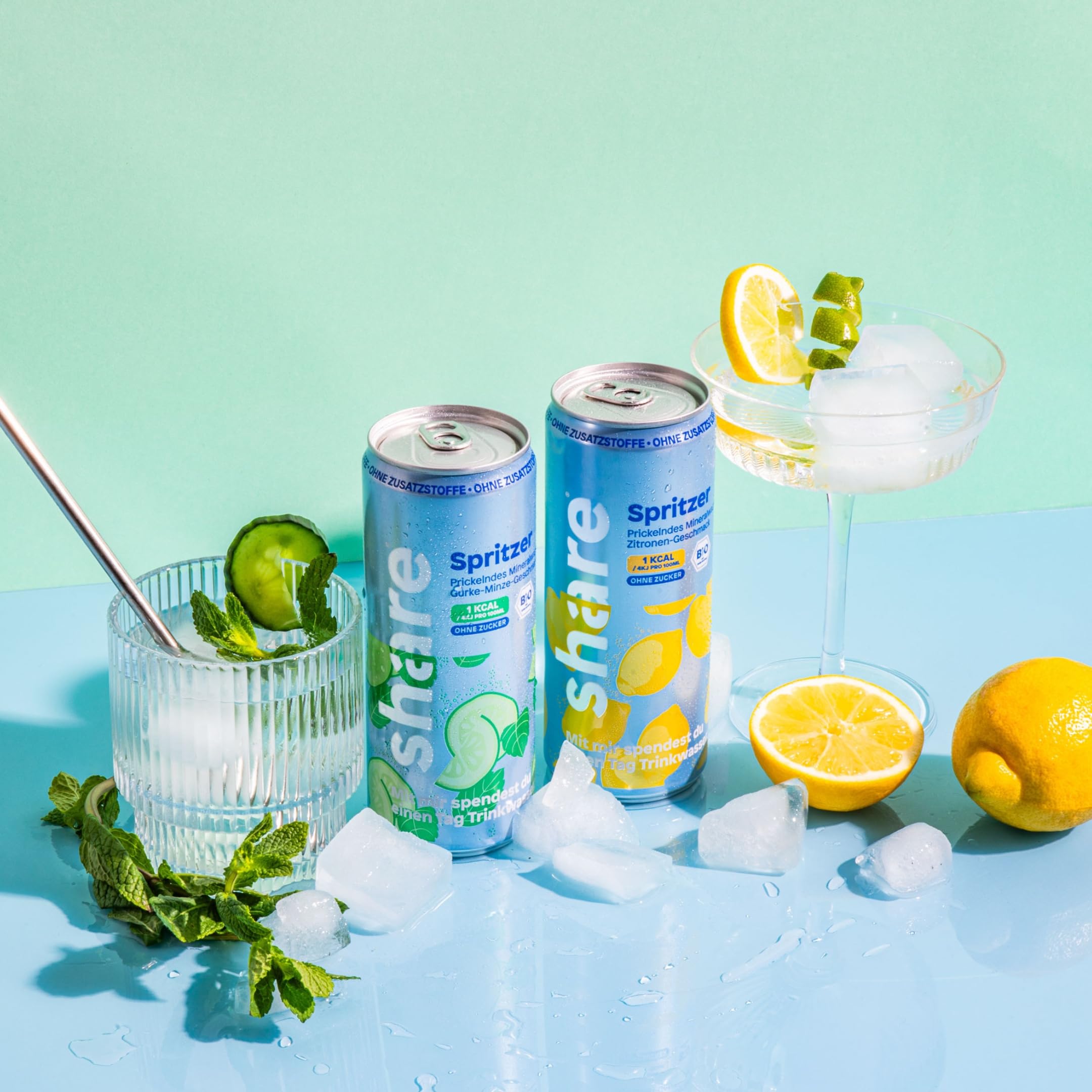 share Bio Spritzer Gurke Minze - Wasser mit Geschmack (24x330ml) | Ohne Zucker, 1 kcal pro 100 ml, Spritzig fruchtig – Bio-Mineralwasser ohne Zusatzstoffe – Jeder Kauf spendet