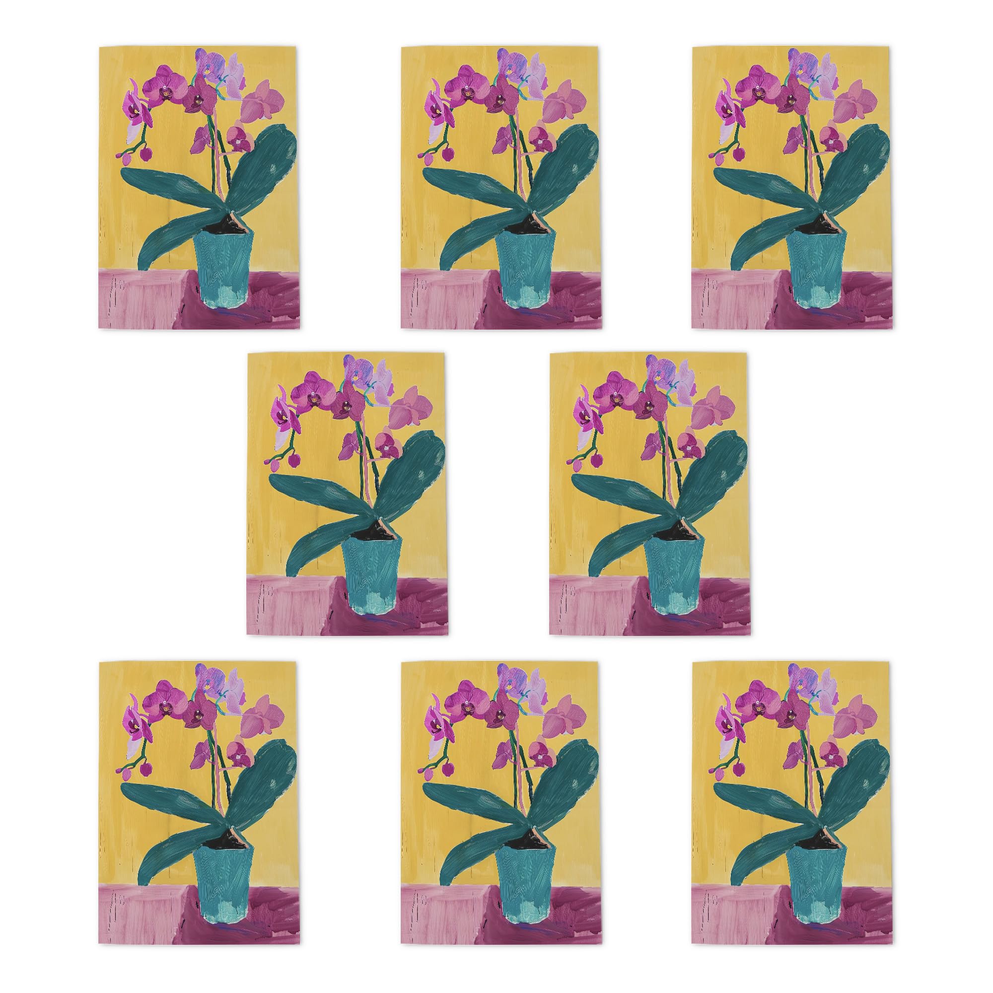 Orchid Flower Pot Greeting Cards Pack of 8 Orange Lilac Botanical Art Note Cards Any Occasion Blank Inside A6 10x15cm
