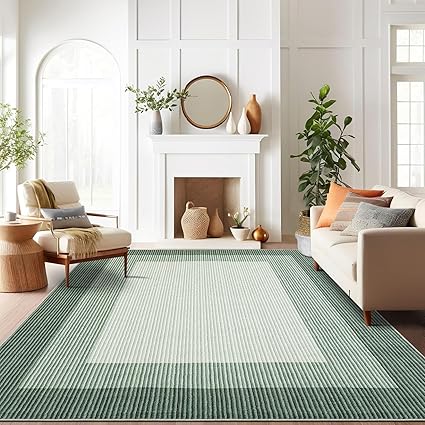 GarveeHome Washable Rug 8x10 Living Room Rug Neutral Bordered Carpet for Dining Room Solid Non Slip Low Pile Pet Friendly Large Carpet for Farmhouse Apartment Bedroom Dorm Green
