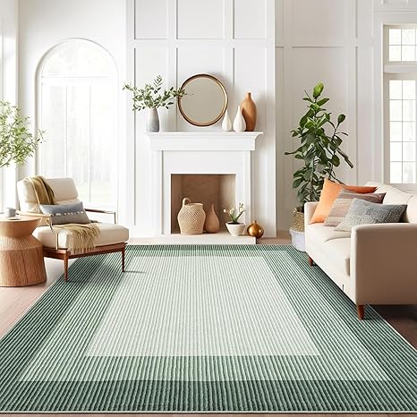 GarveeHome Washable Rug 8x10 Living Room Rug Neutral Bordered Carpet for Dining Room Solid Non Slip Low Pile Pet Friendly Large Carpet for Farmhouse Apartment Bedroom Dorm Green