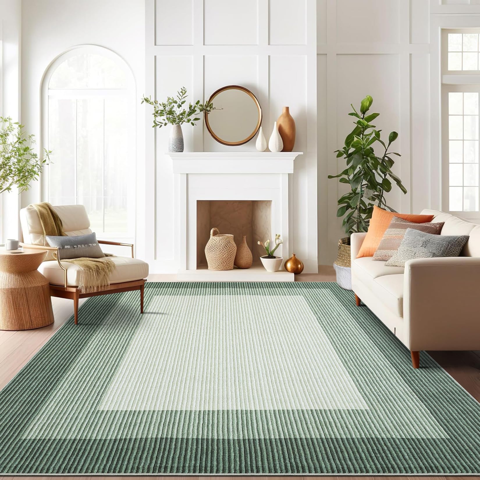 GarveeHome Washable 8x10 Rugs for Living Room Neutral Green Rugs for Bedroom Stain-Resistant Contemporary Border Large Rug Non-Slip Low Pile Farmhouse
