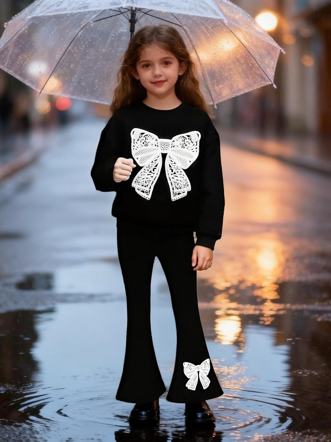 Girls Clothes Fall Long Sleeve Lace Bow Print Sweatshirt Flared Pants 2PCS Set Little Girl Outfits Size 6-14 - Image 2