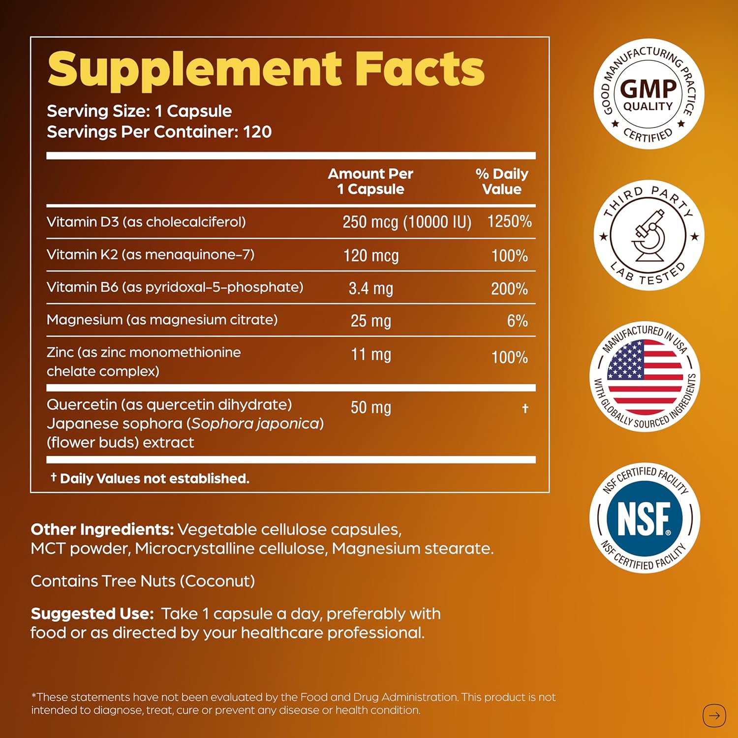 Sandhu's Vitamin D3 K2 Magnesium 10000 IU, 120mcg K2 Capsules 120 Count (Pack of 1) | with VIT B6, Zinc & Quercetin | D3K2 Supports Superior Absorption, Energy, Immune, Muscle Health for Men & Women - Image 6