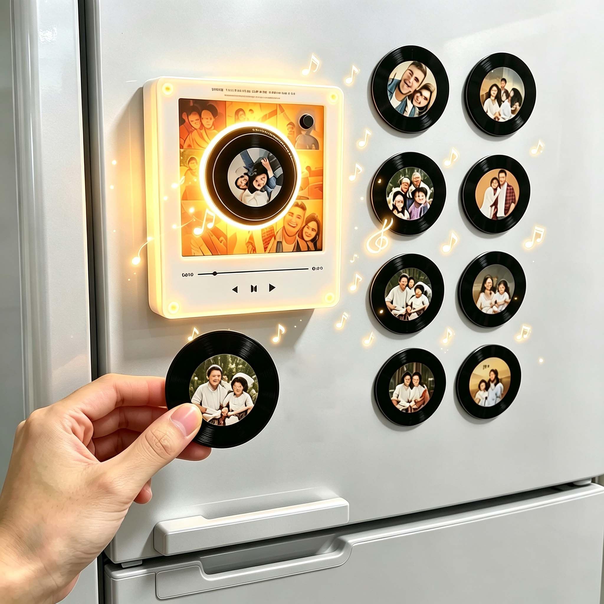 Imanes Personalizados Nevera con Música y Foto Reproductor de Música con 9 Mini Vinilos, Marco Fotos Magnético Luz LED, Caja Música NFC Regalo Aniversario Pareja