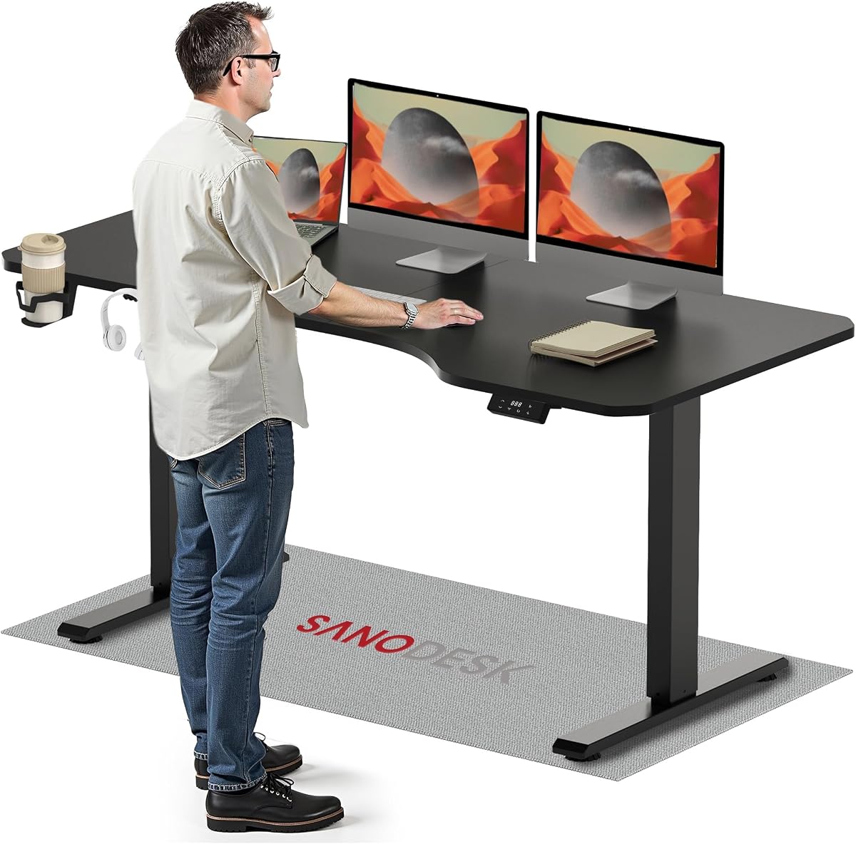 SANODESK 160×75CM Electric Standing Desk Height Adjustable Corner Standing Desk with Hooks and Cupholder Sit Stand Table Adjustable Desk with Memory Smart Pannel for Home Office