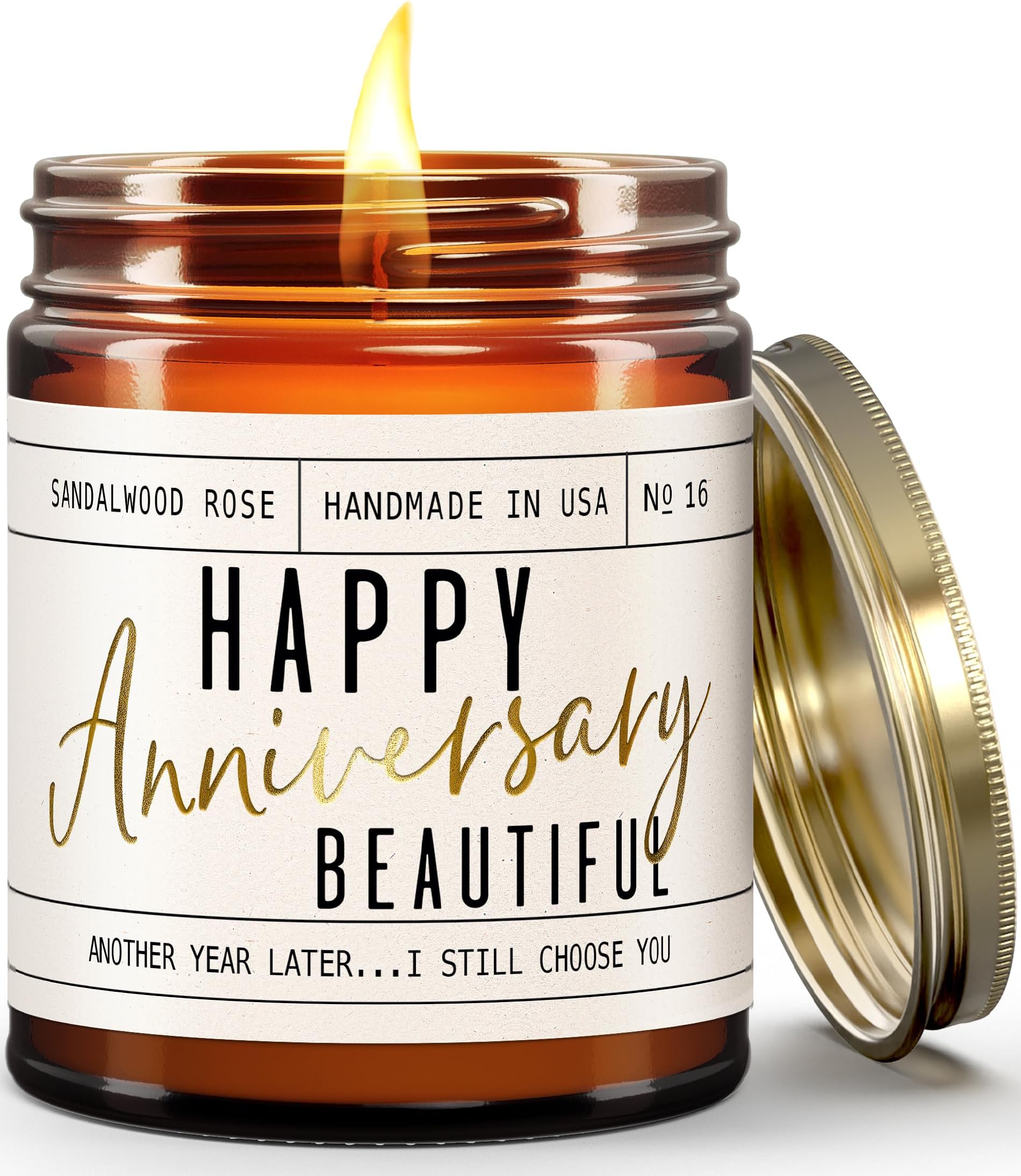 Anniversary Gifts for Women - 'Happy Anniversary Beautiful' Candle, w/Sandalwood Rose - infused w/Essential Oils I Happy Anniversary Gifts for Her I Anniversary Gifts for Wife I 50Hr Burn, USA Made