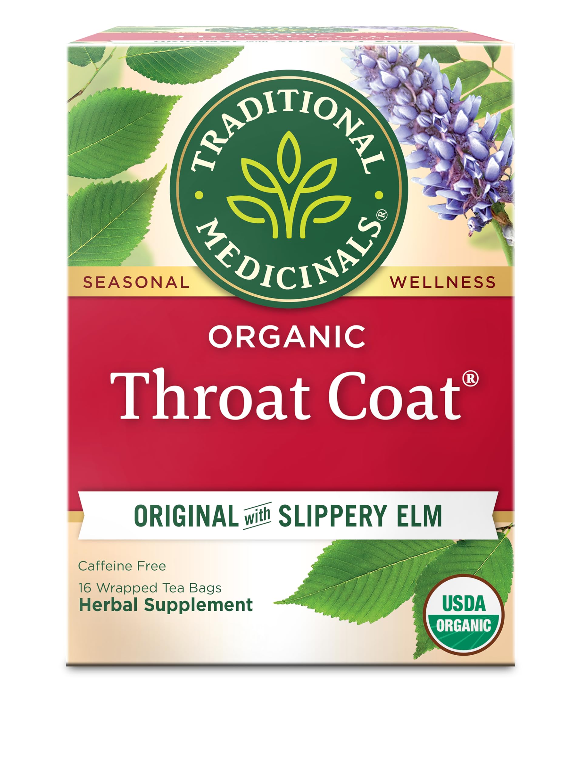 Traditional Medicinals Organic, Throat Coat Tea, Original with Slippery Elm - Supports Throat Health - Kosher, Non-GMO, Caffeine-Free, Compostable - 16 Tea Bags