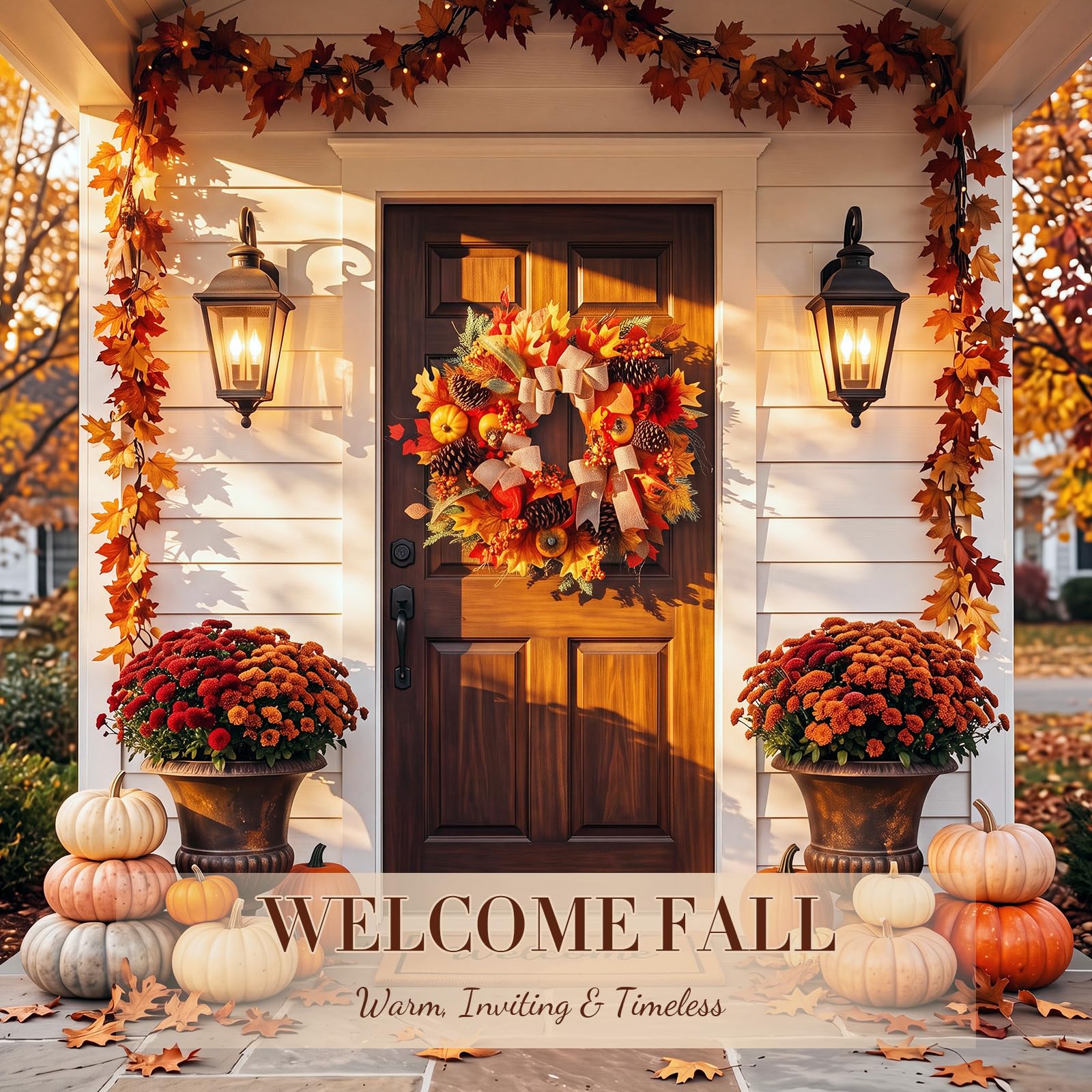 Thiccywoov Couronnes d'automne pour porte d'entrée de 71,1 cm, couronne de feuilles d'érable artificielles avec citrouilles, baies, pommes de pin, décorations de porte pour mur, porche, maison