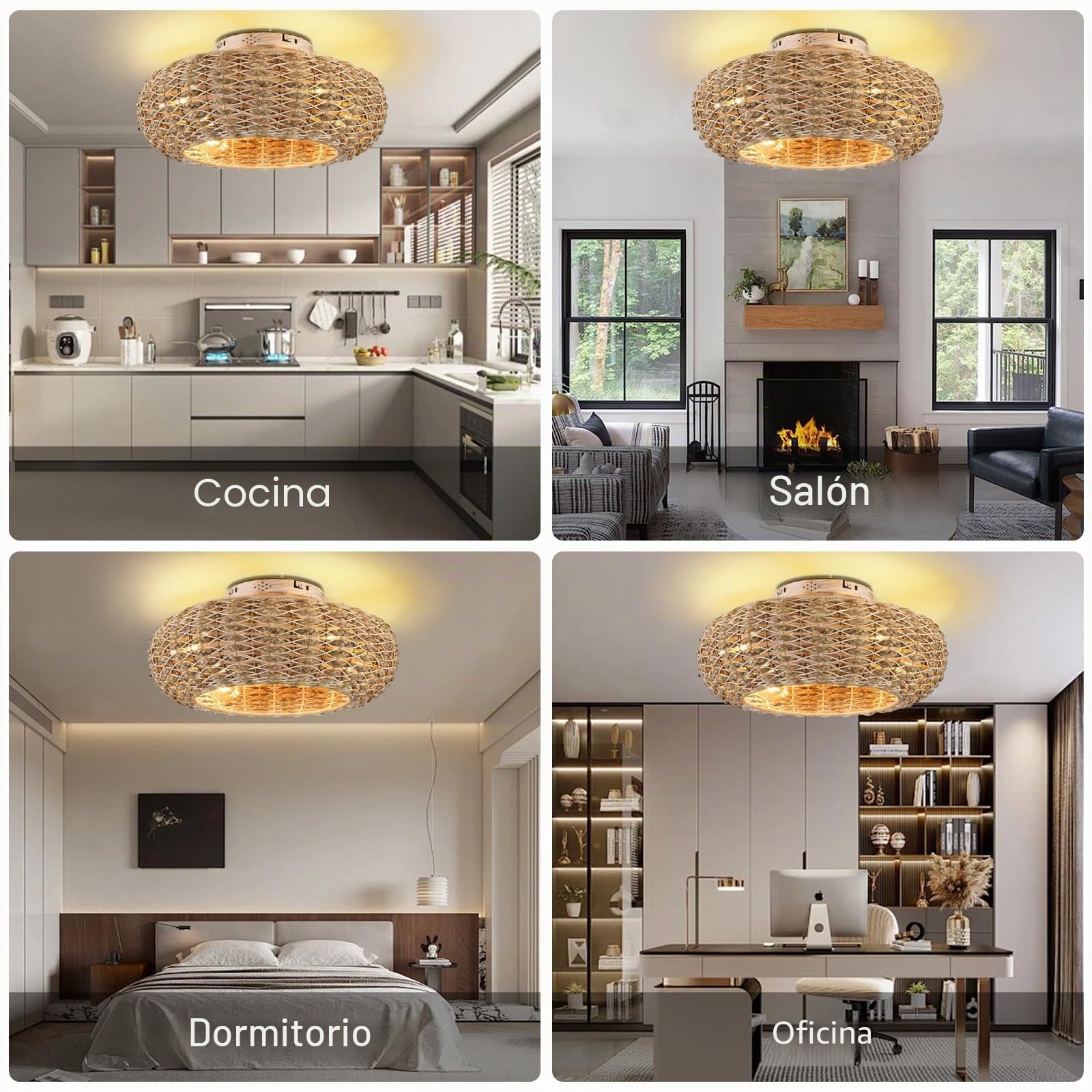Ventilador De Techo Con Iluminación De Ratán E27 - Control Remoto Silencioso, 6 Velocidades, Temporizador Reversible - Lámpara Para Sala De Estar Y Dormitorio