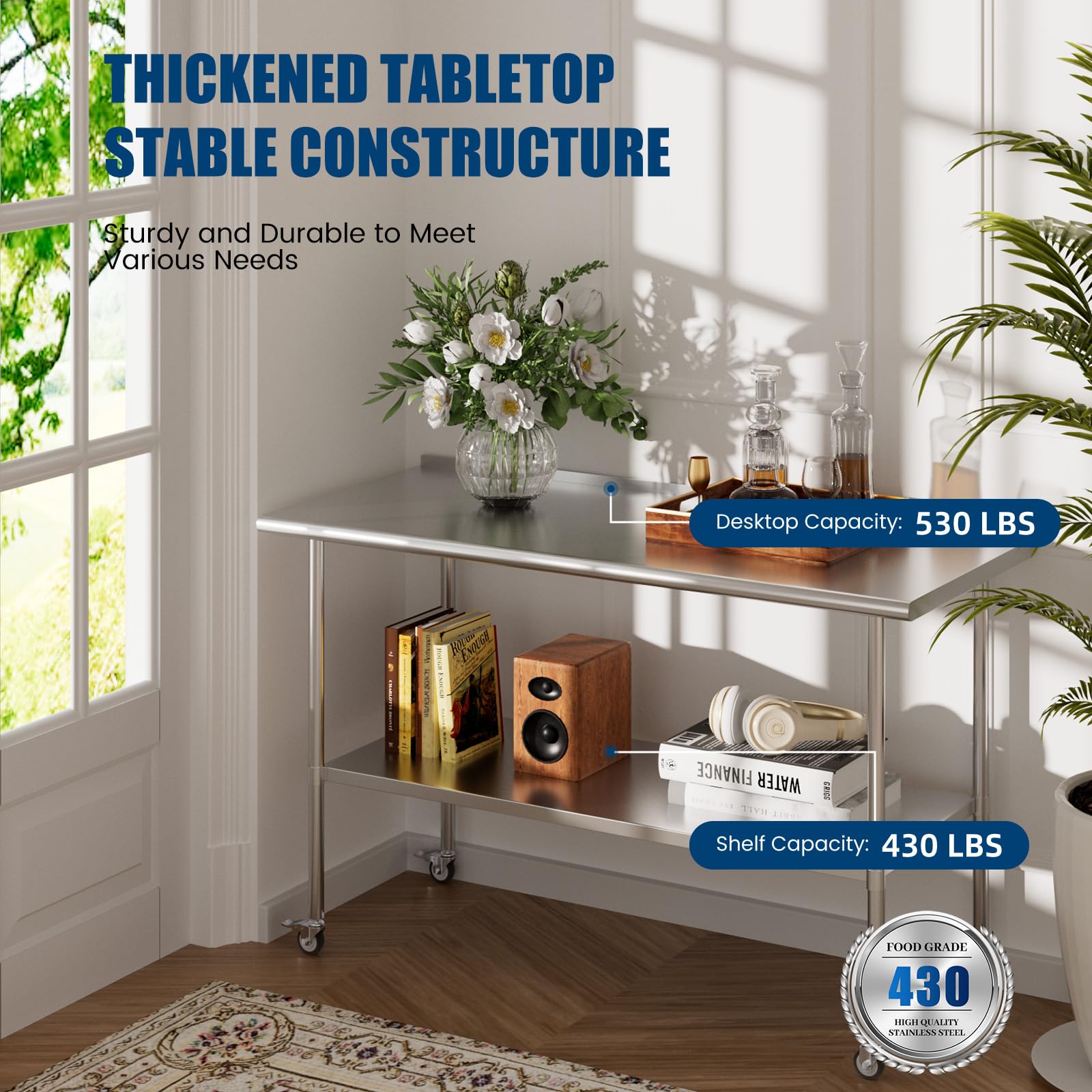 Mesa de acero inoxidable con ruedas de 30 x 60 pulgadas, mesa de metal para preparación de alimentos con protector contra salpicaduras y estante inferior ajustable, mesa de utilidad para