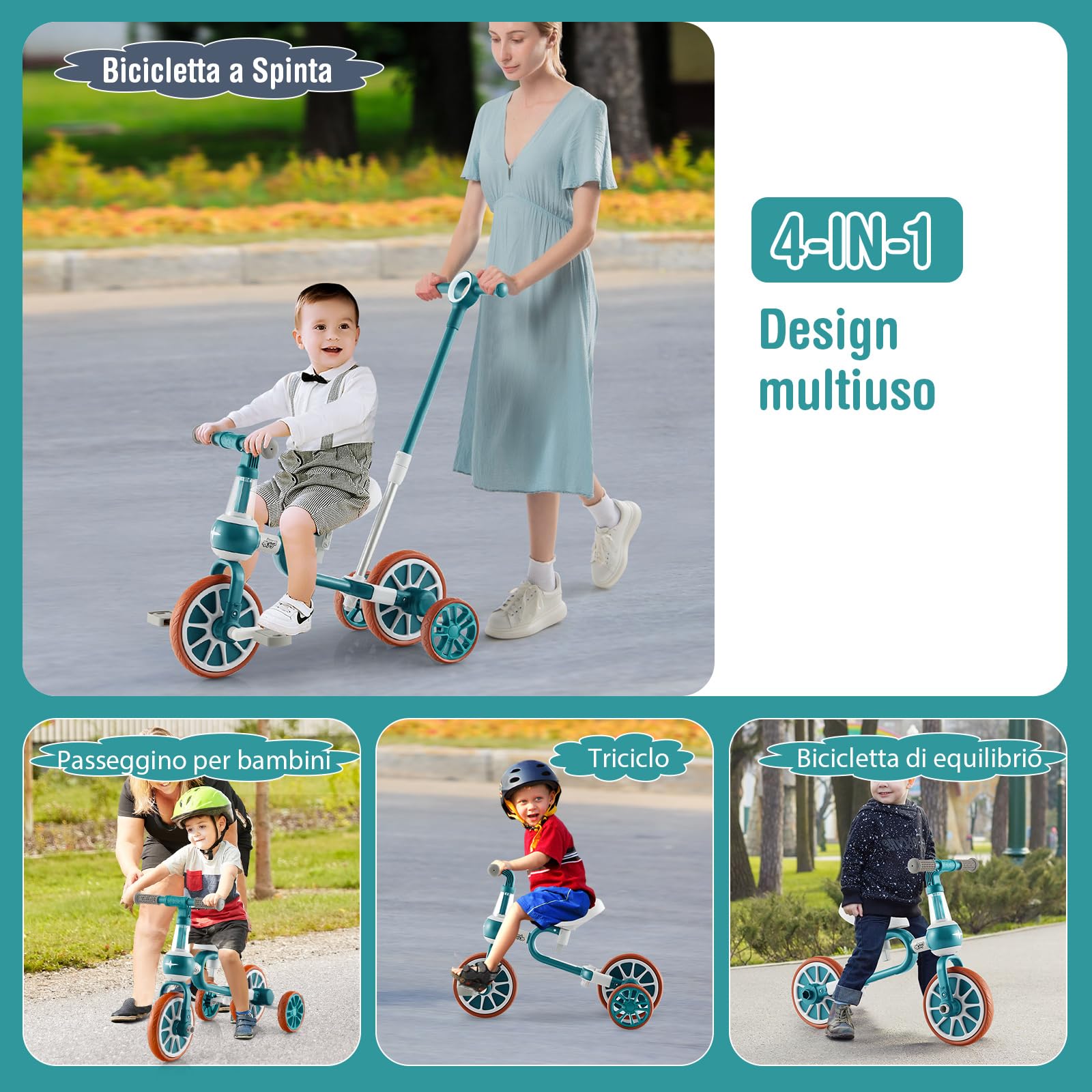 RELAX4LIFE 4 in 1 Triciclo per Bambini con Maniglione, Altezza Sedile a 2 Livelli, Maniglia di Spinta Regolabile e Pedali Rimovibili, Bicicletta Equilibrio per Bambini 2-4 anni (Verde)