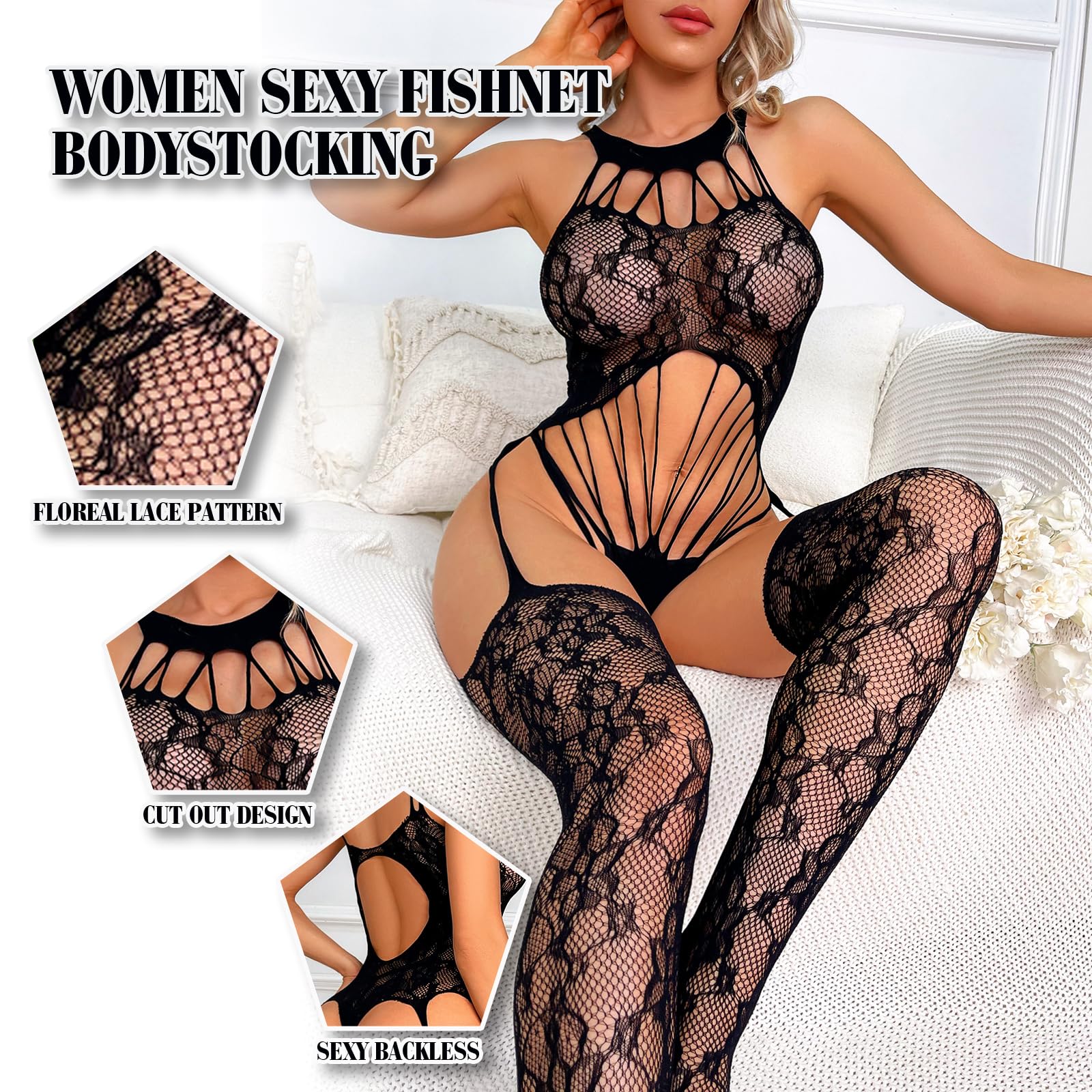 Womens Sexy Body Stockings Fishnet Lingerie Lace Mesh Bodysuit Sleeveless Hallow Out Rave Outfit One Piece Babydoll Jacquard: Black