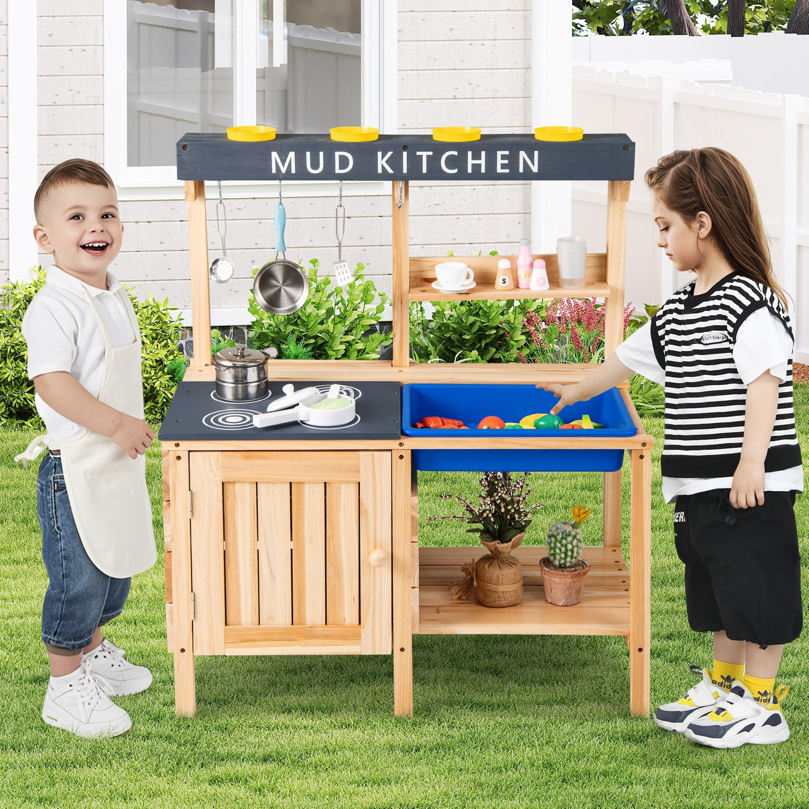 COSTWAY Cucina Giocattolo per Bambini, Cucina in Legno da Esterno con Lavello Removibile, Fornello, Pentole e Ripiani, Cucinetta Giocattolo Interattiva con Accessori per Bambini 3-8 Anni, Naturale