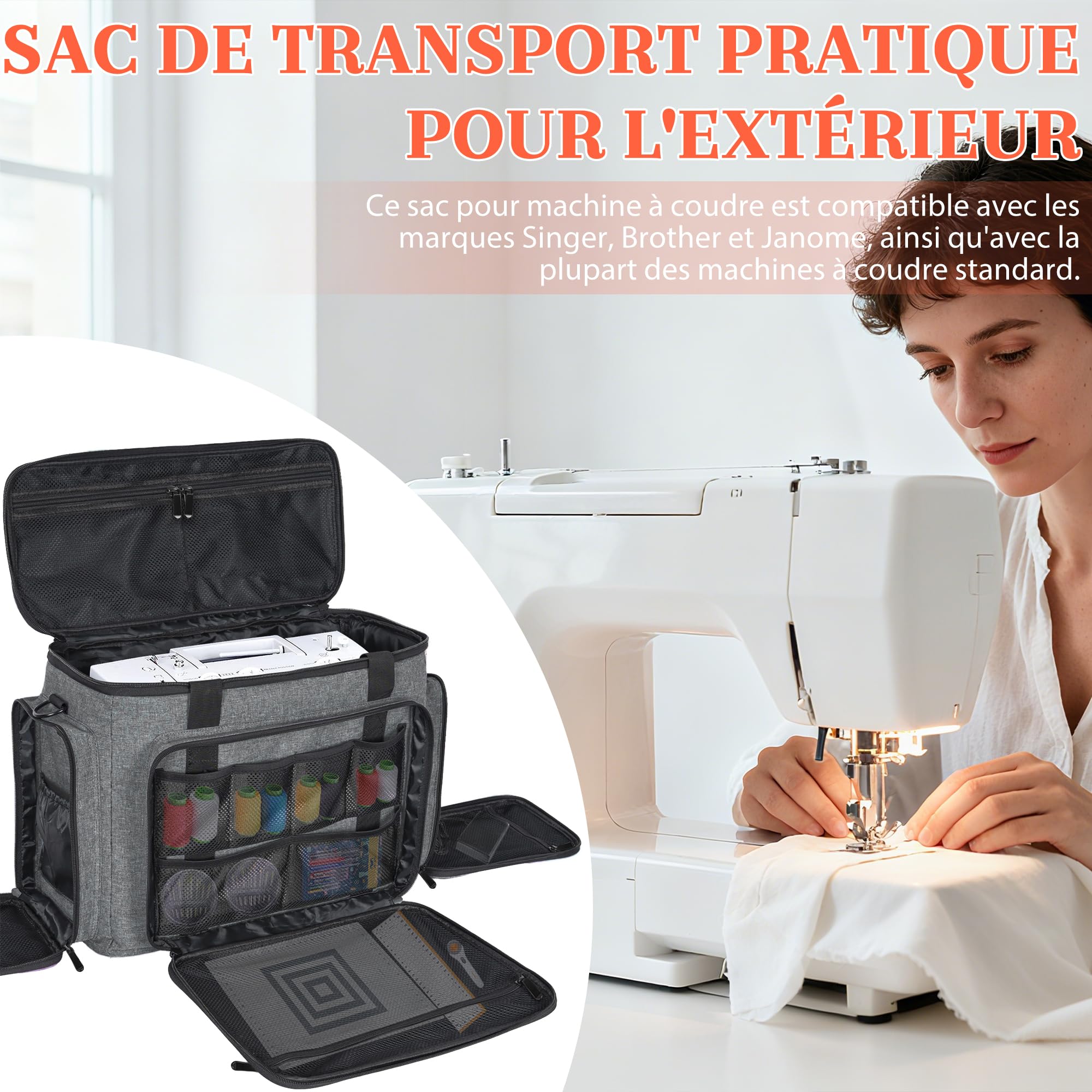 Sac de Machine à Coudre avec Multiples Compartiments de Rangement, Gris | Sac Machine à Coudre avec Insert Rembourré Amovible, Compatible avec la Plupart des Machines à Coudre Domestiques Standard
