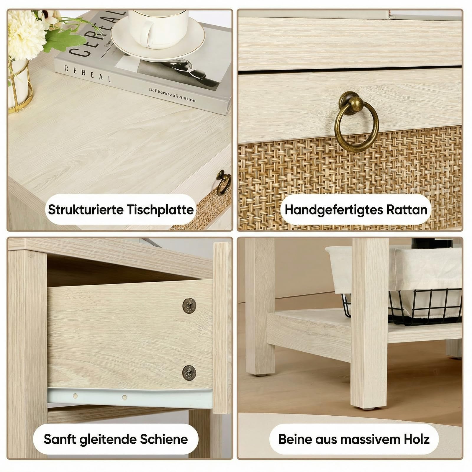 VOWNER Rattan Nachttisch Set 2er, Landhausstil Beistelltisch mit Schublade und Ablage, Böhmischer Sideboard für Schlafzimmer, Wohnzimmer, Flur, Gästebuchregal, 45 x 39 x 59cm (Eiche hell)
