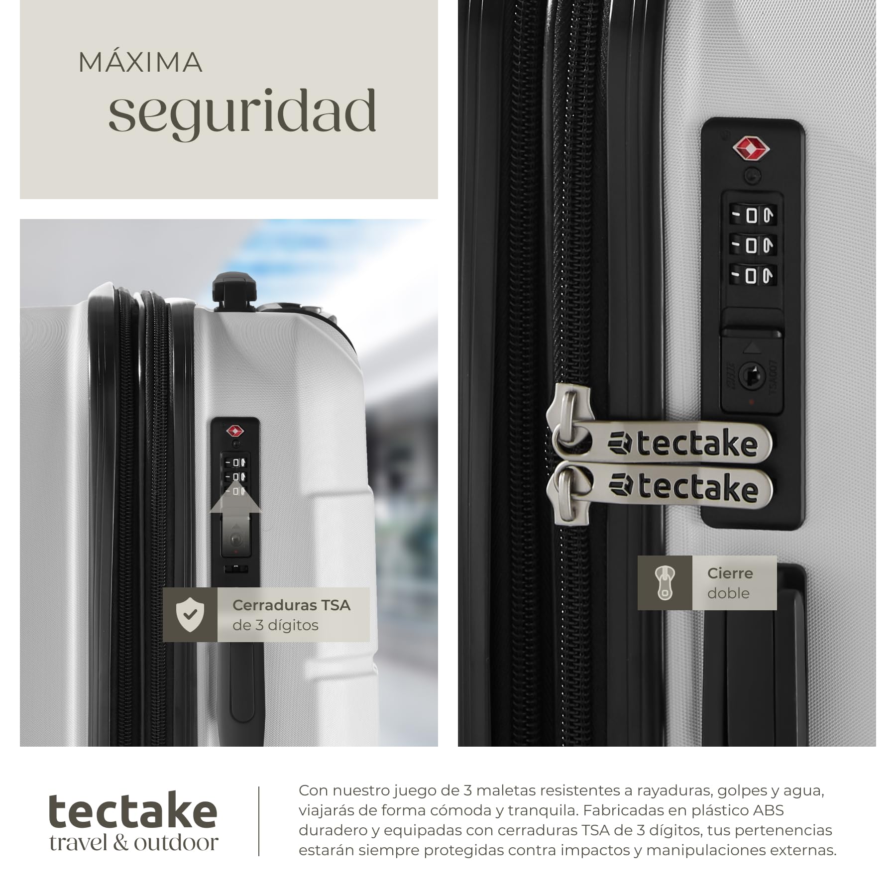 tectake® Juego de Maletas Apilables, 3 Piezas, Plástico ABS Resistente, Maletas de Viaje con Ruedas Giratorias 360°, Maleta Cabina, Maleta Mediana, Maleta Grande, TSA - Blanco
