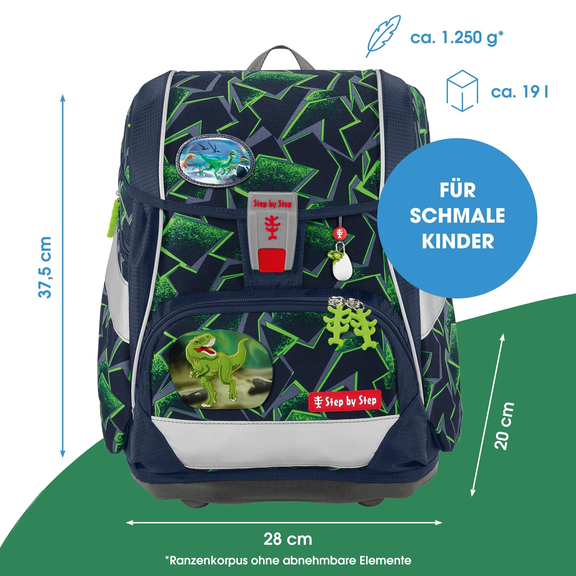 Step by Step Schulranzen-Set 2IN1 Plus „Wild T-Rex Taro“ 6-teilig, ergonomischer Tornister, höhenverstellbar mit Hüftgurt, für die Grundschule, ab der 1. Klasse, 19L, grün-schwarz, Dino-Design