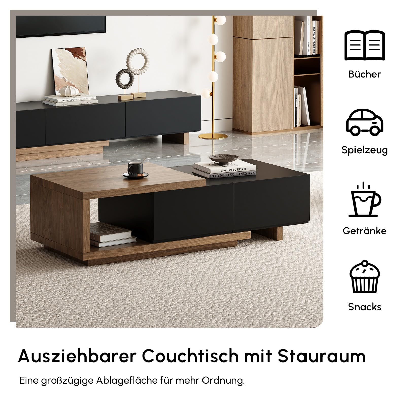 Homary Ausziehbarer Couchtisch aus Walnussholz 120 cm-175 cm mit 2 Schubladen, strapazierfähige Tischplatte, Elegantes Wohnzimmermöbel für kleine Räume (Schwarz und Walnuss)