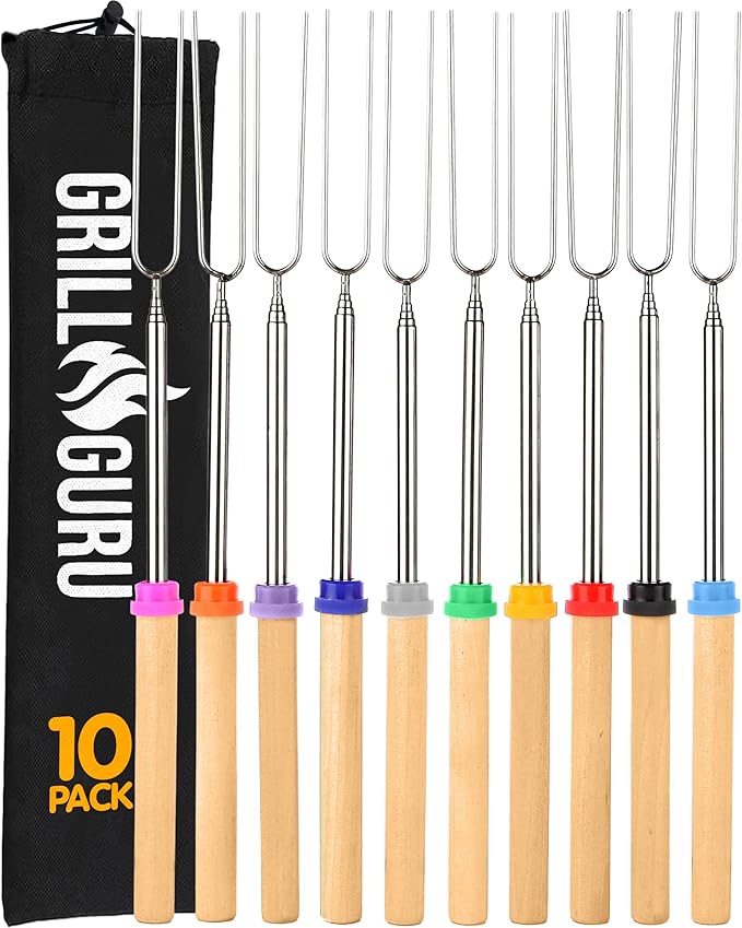 Grill Guru Smores Sticks for Fire Pit - Accessories for Campfire Marshmallow Roasting Sticks Smores Kit Outdoor-Smore Skewers Hot Dog Fork For Outside, Camping Essentials Bonfire Gear Long 32" 10 Pack
