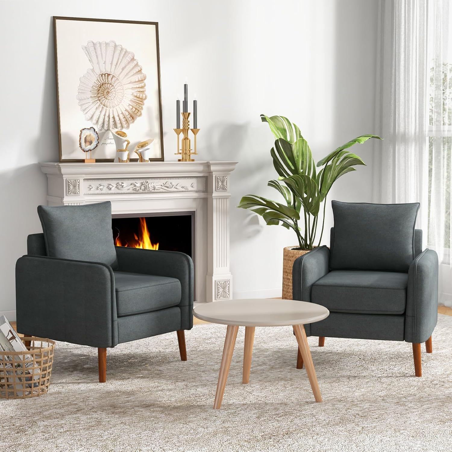 Amazon.com: Giantex Modern Mid-Century Accent Chair Set of 2- Fabric ...