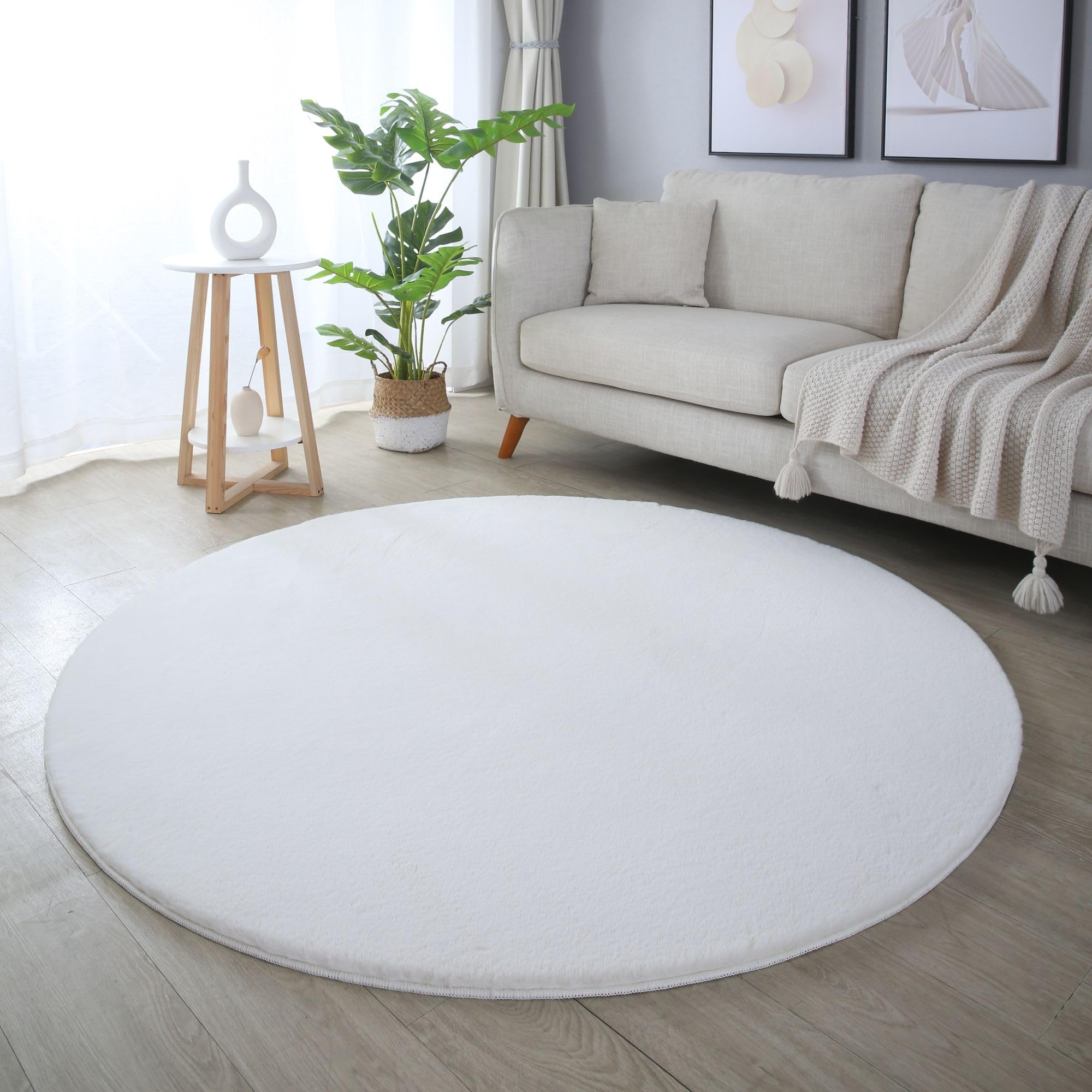 Carpetsale24 Rabbit Hochflor Teppich Rund 120 cm Creme Shaggy Modern Flauschig Weich Fellteppich Kunstfell Einfarbig für Schlafzimmer Wohnzimmer Kinderzimmer