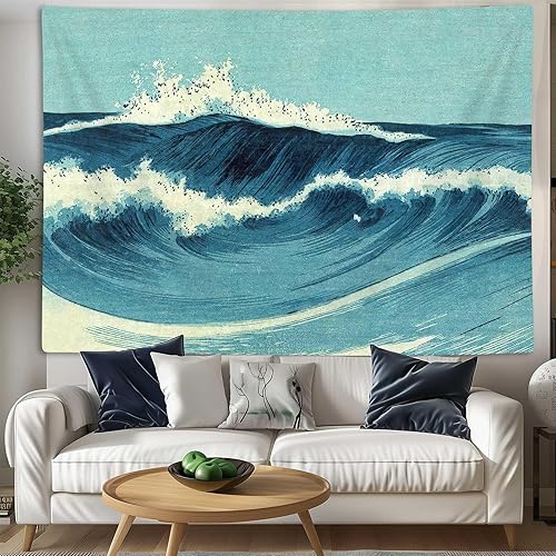 Miniatura 7 de Tapiz retro oceánico para colgar en la pared, tapiz vintage azul acuarela olas del océano, tapiz de pared japonés de olas de mar, tapiz indio para
