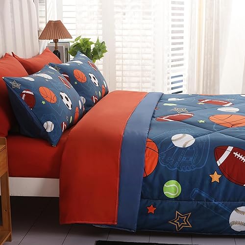 Miniatura 5 de Juego de edredón deportivo de pelota azul, tamaño individual, juego de ropa de cama de béisbol, baloncesto, fútbol, tenis para adolescentes y niños