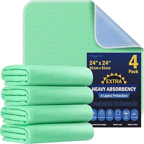 Paquete de 4 almohadillas lavables de absorción extra pesada de 24 x 24 pulgadas, almohadillas de lactancia impermeables para incontinencia,