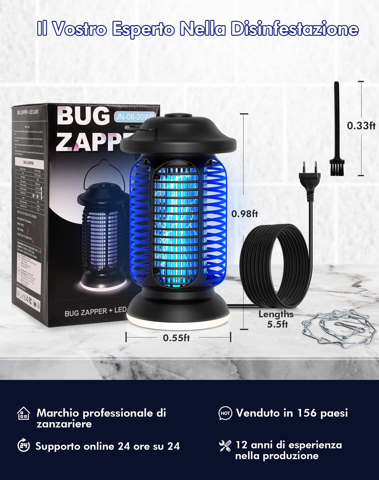 Lampada Antizanzare Elettrica 4000V, Ammazzazanzare da Esterno e Interno 20W con Luce LED, Trappola per Insetti Professionale IPX4 Impermeabile, Zanzariera Elettrica per Giardino, Casa