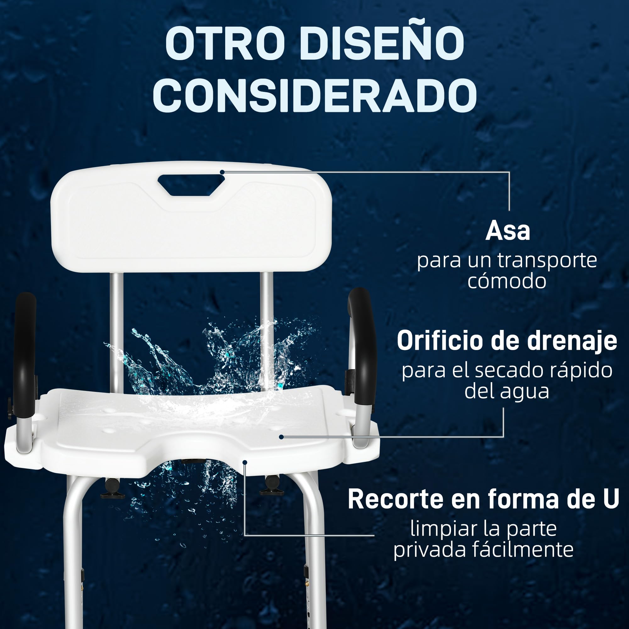 HOMCOM Silla Ducha Personas Mayores Antideslizante con Respaldo 136 kg | Taburete de Ducha, Altura Ajustable, Asiento en U, Apoyabrazos Abatible