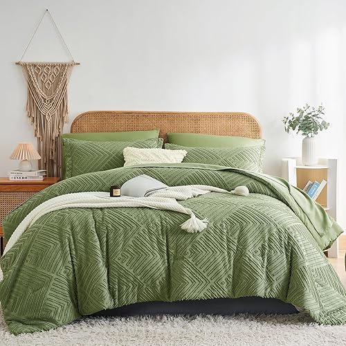 Juego de edredón verde copetudo, ropa de cama tamaño King de 7 piezas en una bolsa, juego de ropa de cama bohemio estilo shabby chic, juego de ropa