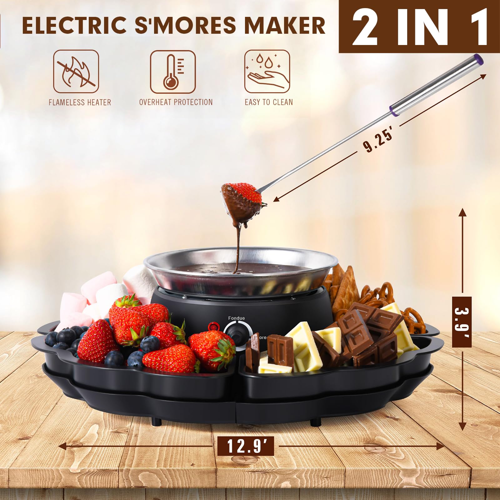 Schokoladenfondue, 2-in-1 Schokofondue Elektrisch & S’mores-Maker, Tischgerät für Innen mit 4 Röster-Gabeln, 4 Abnehmbaren Tabletts & Flammloser Temperaturgeregelter Heizgerät, Familie & Geschenk