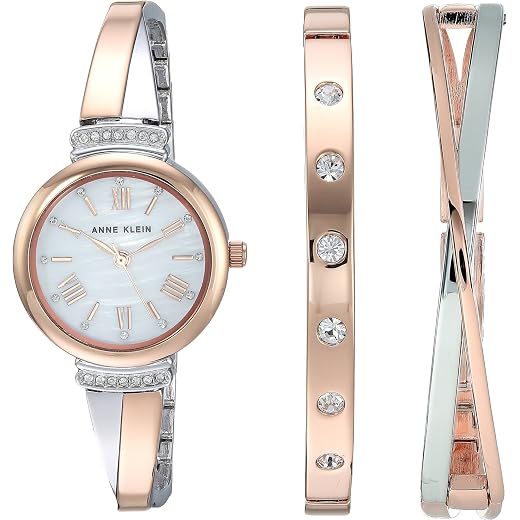 Anne Klein Women's AK/2245RTST Premium Crystal Accented Rose Gold-Tone and Silver-Tone Bangle Watch and Bracelet Set
