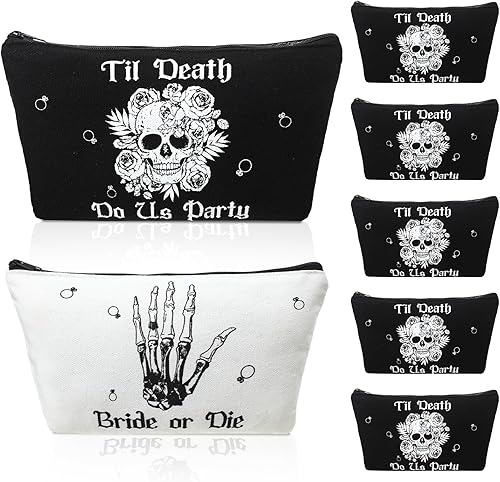 Silkfly Juego de 7 bolsas de maquillaje para despedida de soltera o despedida de soltera hasta la muerte, juego de bolsas de cosméticos de lona para