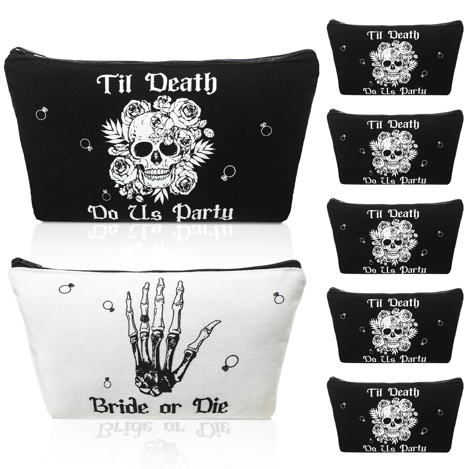 Silkfly 7 Pcs Bride or Die Bachelorette Party Makeup Bag Till Death Canvas Cosmetic Bags Set for Gothic Halloween Bridal Shower Wedding Party Supplies 1950s Rock and Roll Party Decorations