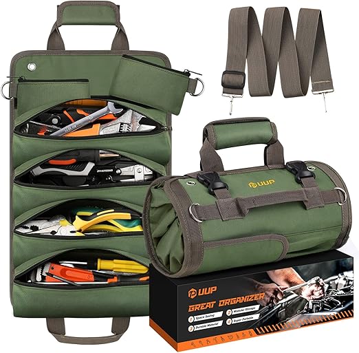 Tool Bag Roll Up, UUP Heavy Duty Portable Soft Tool Storage Organization, Foldable Empty Rollup Organizer with 2 Small Pouches, Rollable Carrying Toolbag, Dad Men Mechanic Welding Birthday Gift, Green